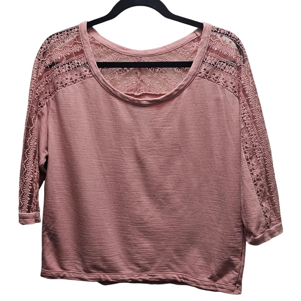 American Eagle Mauve‎ Pink Lace Shoulder 3/4 Sleeve Boho Cropped Med. Feminine